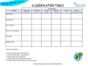 Classification Activity Table